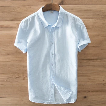 

Male shirts 2019 New Summer Men's short sleeve lapel linen shirts casual mens solid color cotton shirts fashion mens slim tops