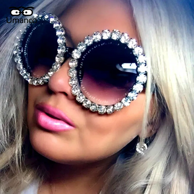 Umanco стимпанк большие круглые черные зеркальные солнцезащитные очки Стразы очки с украшением пластиковая оправа для очков модные ретро солнцезащитные очки