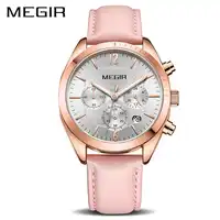 女性腕時計 MEGIR ファッションピンクレザーレディースクォーツ時計女性時計愛好時間レロジオ Feminino モンタフェムリロイ Mujer