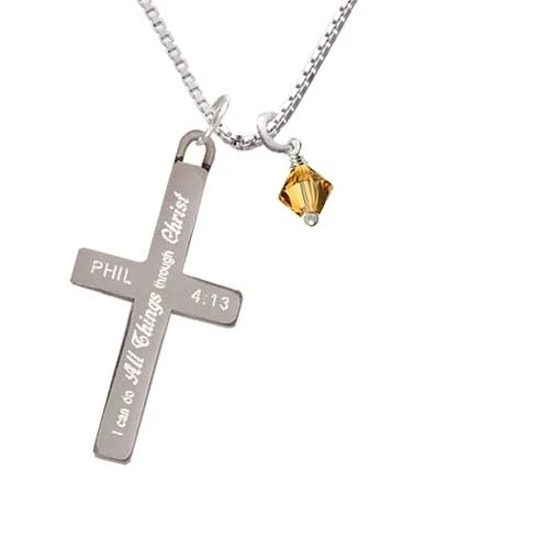 November - Yellow - 6mm Crystal Bicone - I Can Do All Things - Cross Necklace (1)