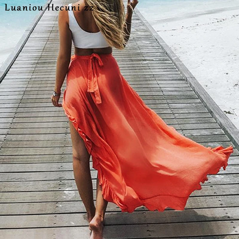 

Chu Ni Sexy Women Ruffles Back Bow Summer Long Skirt Solid 6 Color Asymmetric Beach Maxi Skirts 2019 Casual Skirt Female LX26