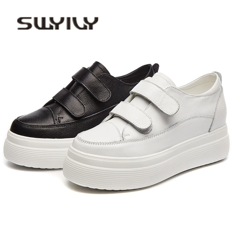 SWYIVY Natural Cow Hide Leather Woman Sneakers Platform White Shoes 2018 Female Casual Shoes Hided Wedge Hook Loop Sneakers