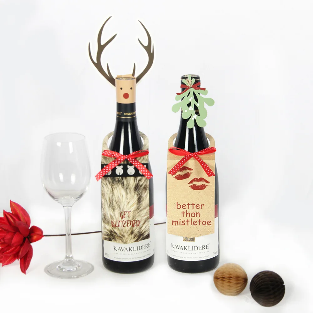 

Pack of 2 Craft Paper Mistletoe Leaves and Reindeer Wine Bottle Wrapping with Festive Red Bows for Christmas Holiday Decor