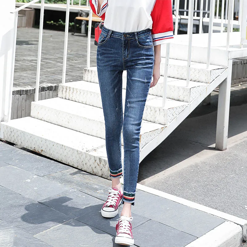 

CTRLCITY Ripped Cuffs Jeans High Waist Jeans Women Casual Skinny Ladies Stretch Jeans Ankle-Length Pencil Pants Appliques