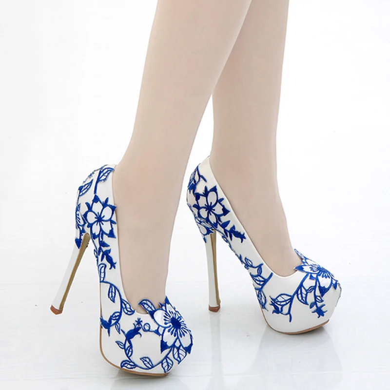 Blue White Porcelain Pumps Cheongsam Wedding Leather High Heel Shoes Girl Party Sexy Flower Dress Platform