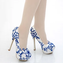Blue White Porcelain Pumps Cheongsam Wedding Leather High Heel Shoes Girl Party Sexy Flower Dress Platform Shoes Plus Size 43