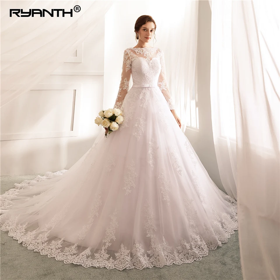 Cheap Vestido De Noiva 2019 Custom Made Lace Up Back Ball Gown Wedding Dress Long Sleeves Princess Robe de mariage | Свадьбы и