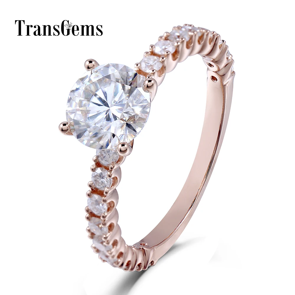 

Transgems 18K 750 Rose Gold Moissanite 6.5MM 1CT F Color Engagement Ring for Women with Accents on the Band
