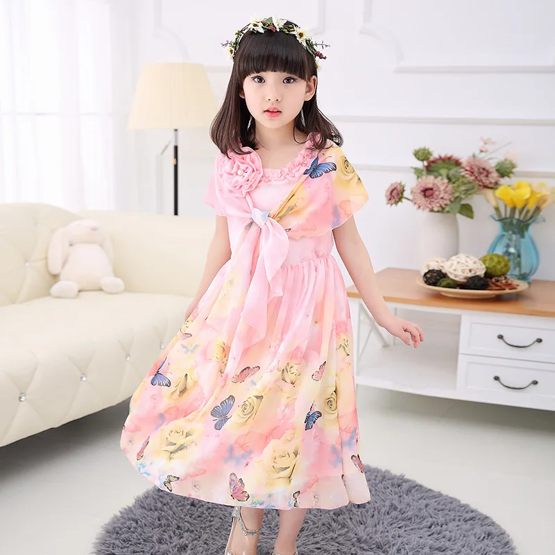 Bohemian Style Baby Girl Summer Dress with Shawl Print Butterfly Rose