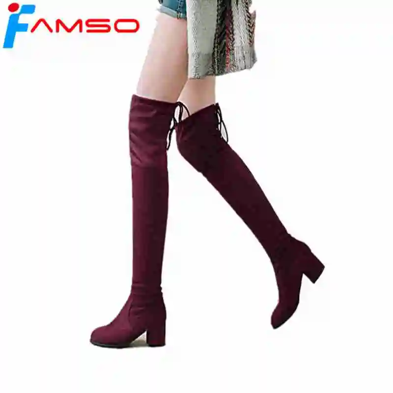 

FAMSO 2018 New Arrival Women Boots Black thick Heels Autumn Fashion Over The Knee Boots Winter Short Fur Keep Warm Snow Boots