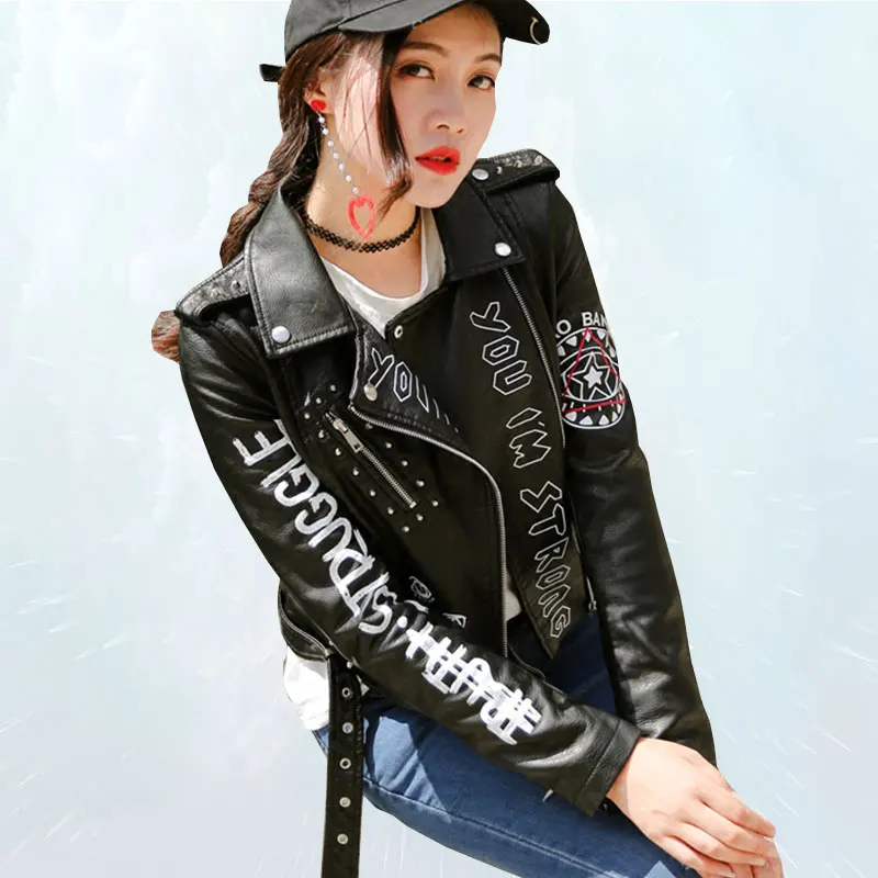 

Punk Style Letters Outwear 2019 Spring Fashion PU Leather Jacket Women Pattern Slim Autumn Black Motorcycle Graffiti Coat SL62