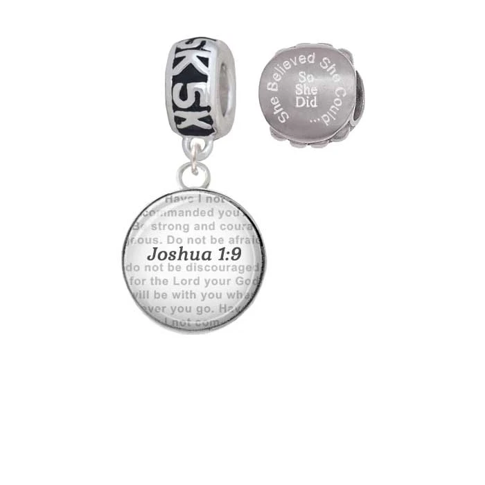 Silvertone Domed Joshua 1:9 5K Run She Believed She Could Charm Beads (Set of 2)