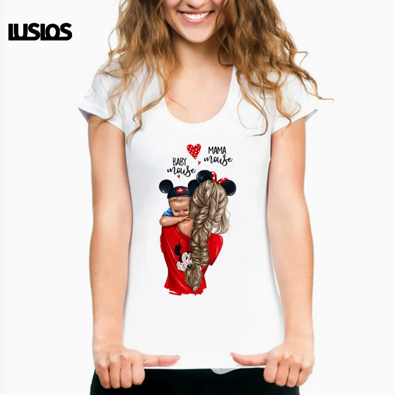 

LUS LOS Mama Mouse Baby Mouse Cartoon Print Female T Shirt Summer Women Cute Mama'Love Tshirts Korean Style Vogue T-shirts