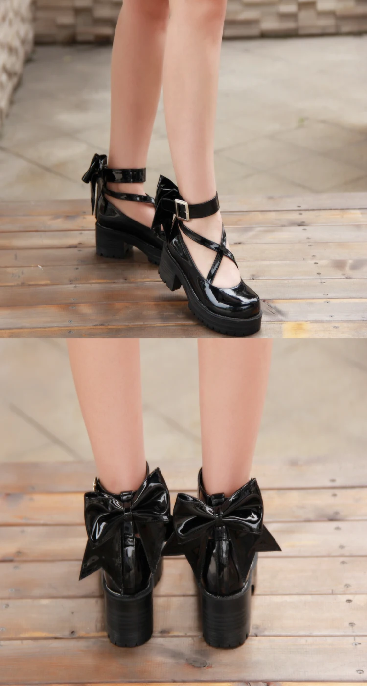 Черные туфли-лодочки на платформе с ремешками на высоком каблуке 8 см; милые женские туфли Лолиты для костюмированной вечеринки
