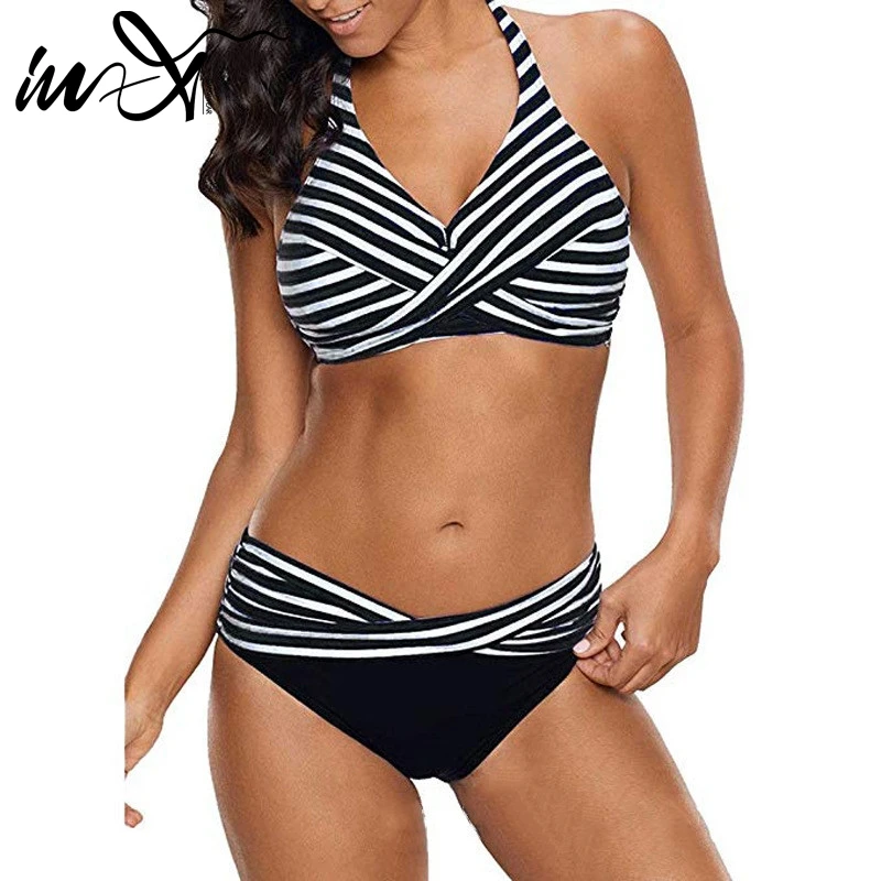 

In-X Halter top Striped sexy bikini 2019 Plus size swimwear women bikinis Black swimsuit female bathers Summer bathing suit 5XL
