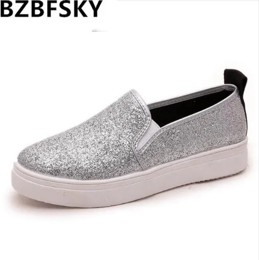 

2018 New Women platform Loafers Silver Sequined Cloth Slip on Flat Shoes Spring Autumn Woman Creepers Glitter zapatos mujer