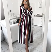2019 Office Lady Turn-Down Collar Button Lace Up Long Shirt Dress Women Autumn Spring Long Sleeve Stripe Maxi Dresses