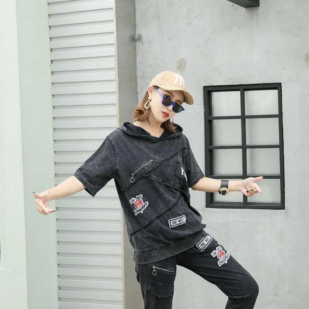 

Summer 2019 New Casual Tee Europe Fashion short Sleeve hooded Pullover Vintage Cotton T-shirt