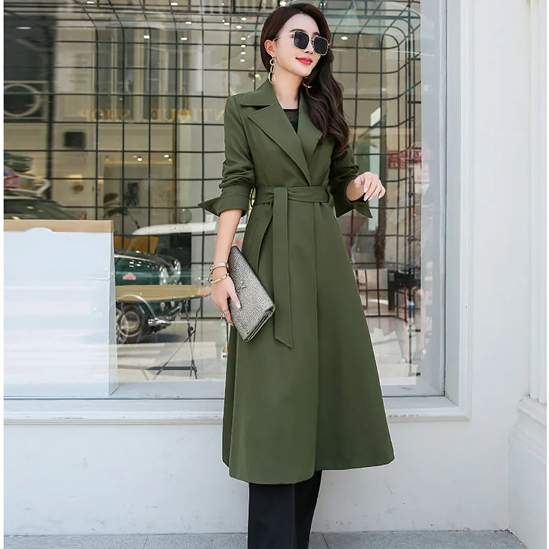 Осенний женский длинный Тренч, женское повседневное зимнее пальто с отложным воротником, ветровка на одной пуговице размера плюс 3XL Overcoa - Color: Army green