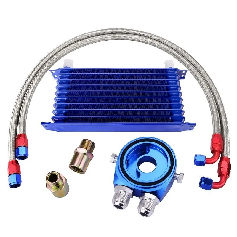 

SPEEDWOW 10Row 10AN Engine Racing Oil Cooler Kit+1M 1.2M Stainless Steel Braided Hose Line+Oil Adapter Filter Cooler Plate Kit