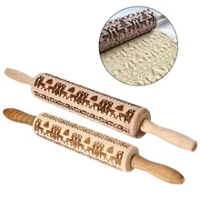Hot Christmas Elk Print Rolling Stick Solid Wood Exquisite Pattern Rolling Pin Kitchen Tools