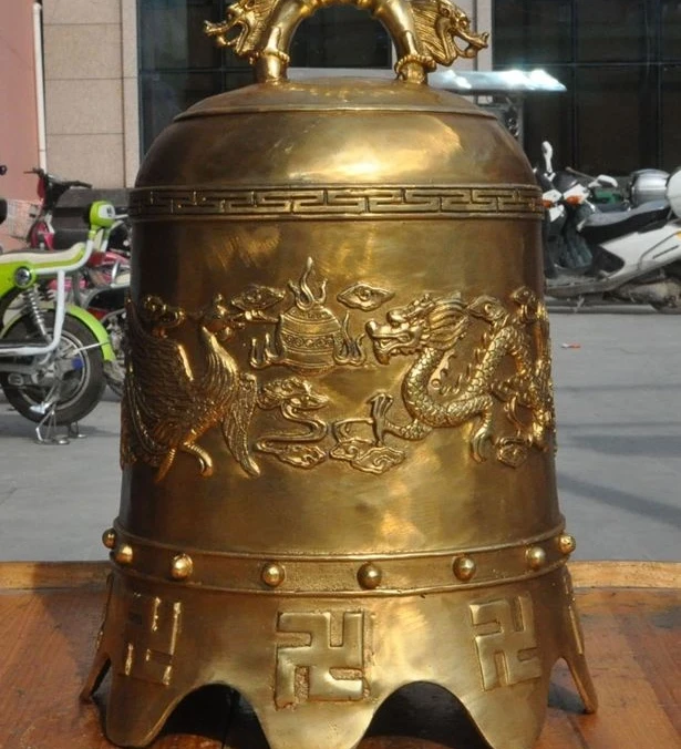 

13" Tibet Buddhism Temple pure Brass Dragon Phoenix Statue Zhong Bell Chung