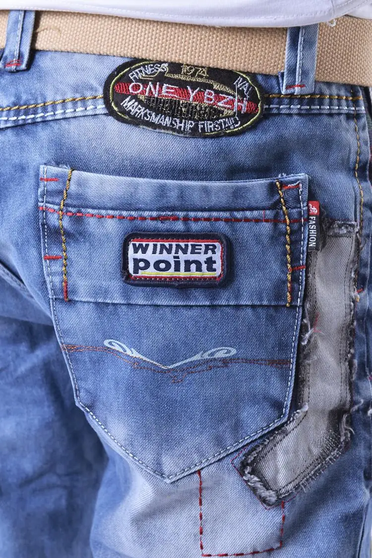 Новое поступление Прямые повседневные джинсы Homme Высокое качество для мужчин сплошной Хлопок Свободные печатных рваные джинсы Slim Fit