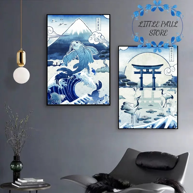 

Japan Vintage Art Koi Fuji and Torii art Canvas Poster Japanese style art poster Wall Pictures for Living Room No Frame