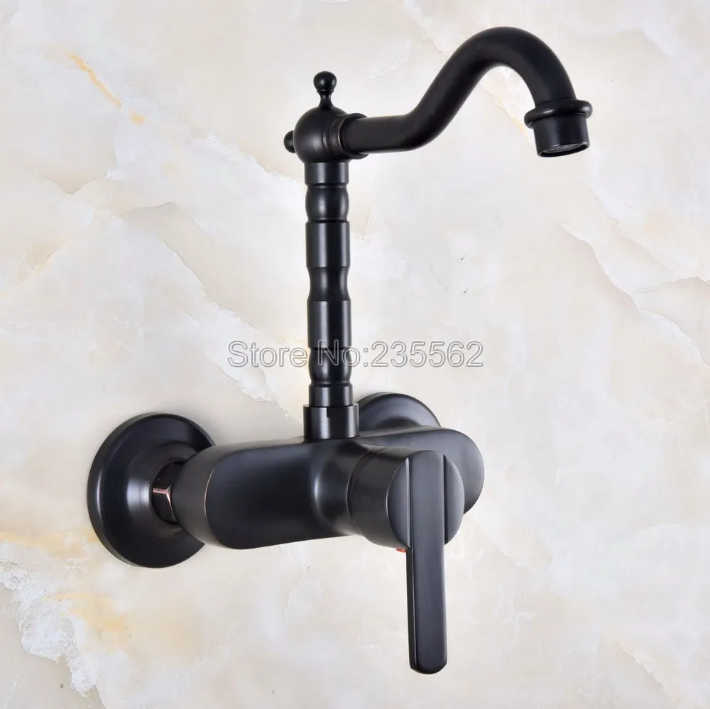 

Oil Rubbed Black Bronze Wall Mounted Swivel Spout Bathroom Sink Faucet Double Handle Mixer Tap lnf845