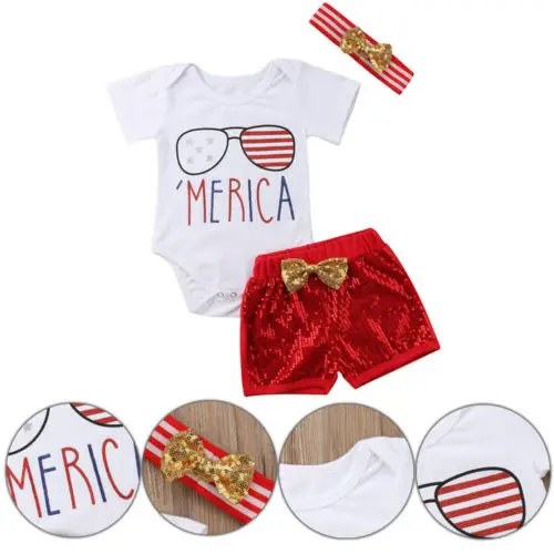 

Independence Day 4th Of July Baby Girl Kid Romper Pant Headband Outfit 3Pcs Set