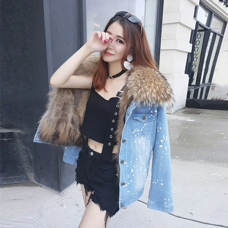 Fourrure Parkas D'hiver Veste 6 Raton Denim 2 Laveur Maomaokong Réel 3 Femmes Doublure Outwear 4 Chaud Naturel 1 De Épais 7 2018 8 Manteau Col Ewx56wB0tq