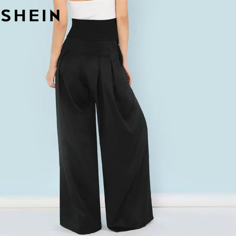 Skup SHEIN z wszytym paskiem Box plisowane spodnie palazzo kobiety eleganckie luźne długie spodnie 2018 spadek imbir wysokiej talii spodnie szerokie nogawki