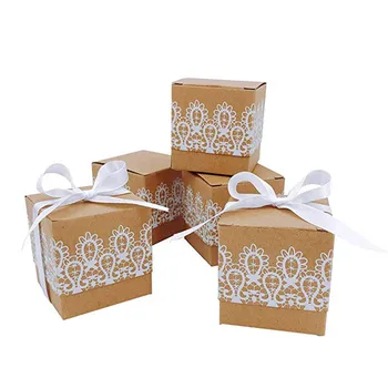 

50 pack wedding decoration kraft paper gift box white lace candy snack gift with bow square Christmas box (2*2*2) inch