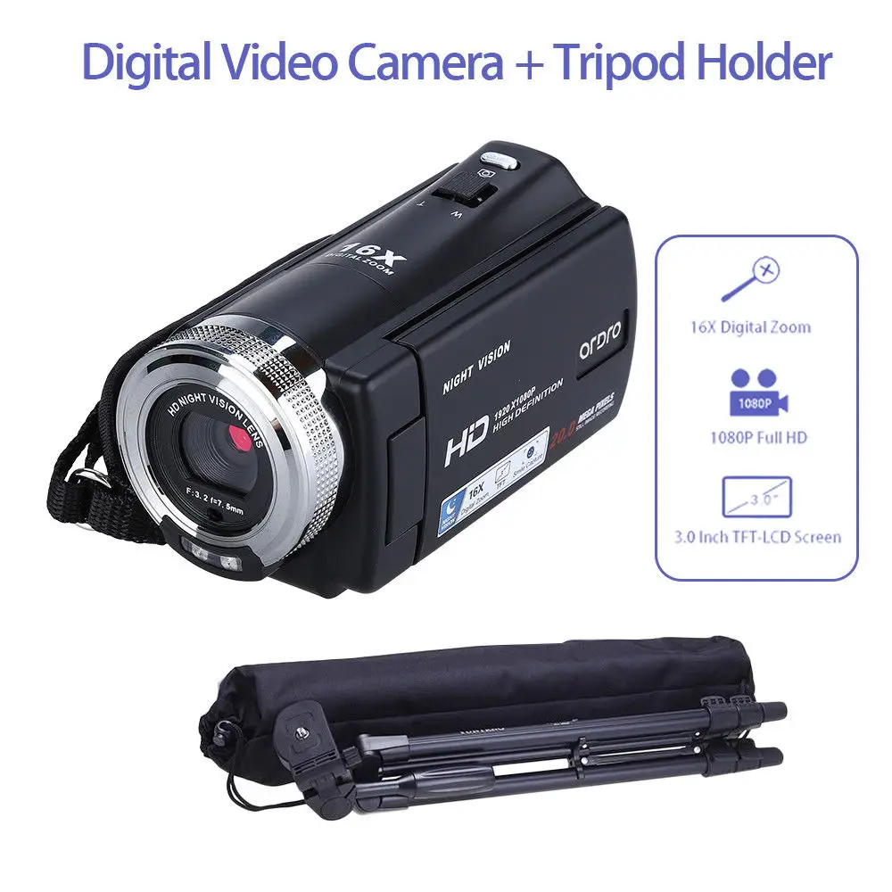 

ORDRO HDV-V12 Digital Camera 3.0" LCD CMOS Sensor 1080P 20MP QVGA Camcorder DVR Night Vision 16x Zoom Microphone + Tripod