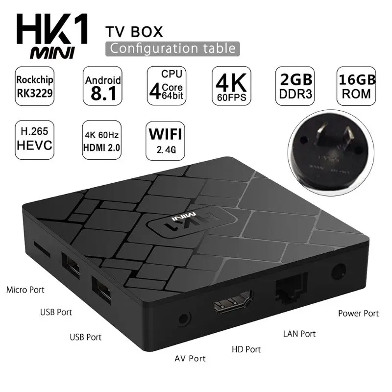 1 комплект HK1 Мини Android 8,1 RK3229 2 ГБ+ 16 Гб Smart tv Box Четырехъядерный 4K WiFi видео медиаплеер телеприставка устройство - Цвет: Black AU