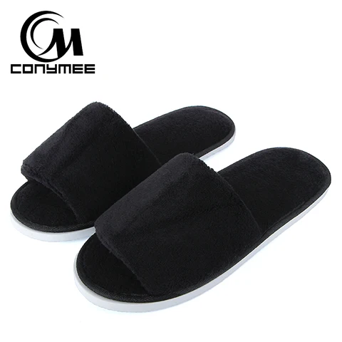 CONYMEE/тапочки; женская домашняя мягкая обувь; Pantufas; мужские и женские теплые кроссовки из бархата кораллового цвета; зимние плюшевые шлепанцы для дома помещений - Цвет: JD-S Black