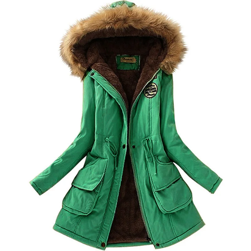 Saimishi, осенне-зимняя куртка, Женская парка, теплые куртки, пальто с меховым воротником, Длинные парки, худи для офиса, леди, хлопок, размера плюс - Цвет: Dark Green