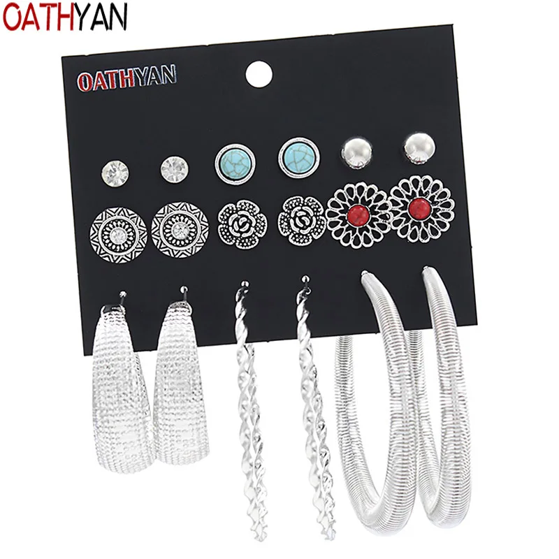 

OATHYAN 9 Pairs/Set Fashion Vintage Silver Color Metal Flower Stud Earrings Sets Mix Female Personalized Round Circle Earring