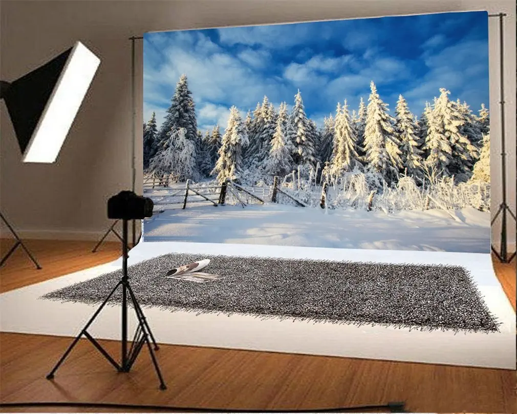 

Photography Backdrop Christmas Pine Tree Wood Fence Heavy Snow Blue Sky White Cloud Winter Happy New Year Photo Background