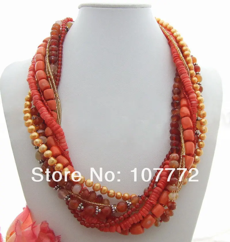 

9 strands Pearl&Carnelian&Coral Necklace