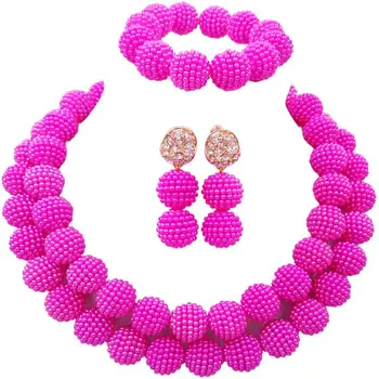 

Fabulous Fuchsia Pink Plastic Pearl Balls African Women Wedding Jewellery Sets 2C-ZZ-04