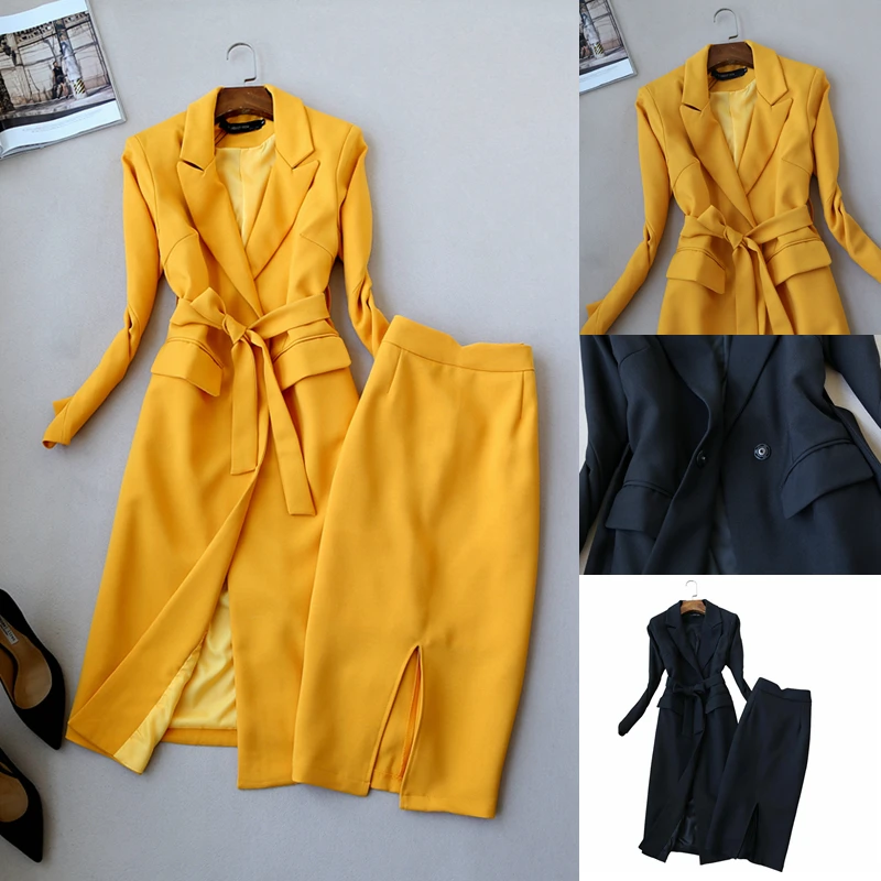 

Spring autumn long slim Blazer+Skirts Office Uniform Style office Ladies Women high waist package hip skirt Blazer Two Piece
