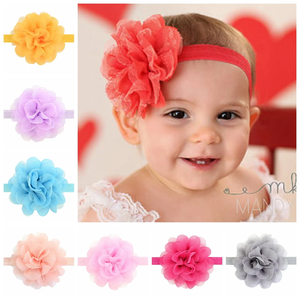12pcs/lot 2017 Elastic Headband Net Yarn Chiffon Flower Head band Kids