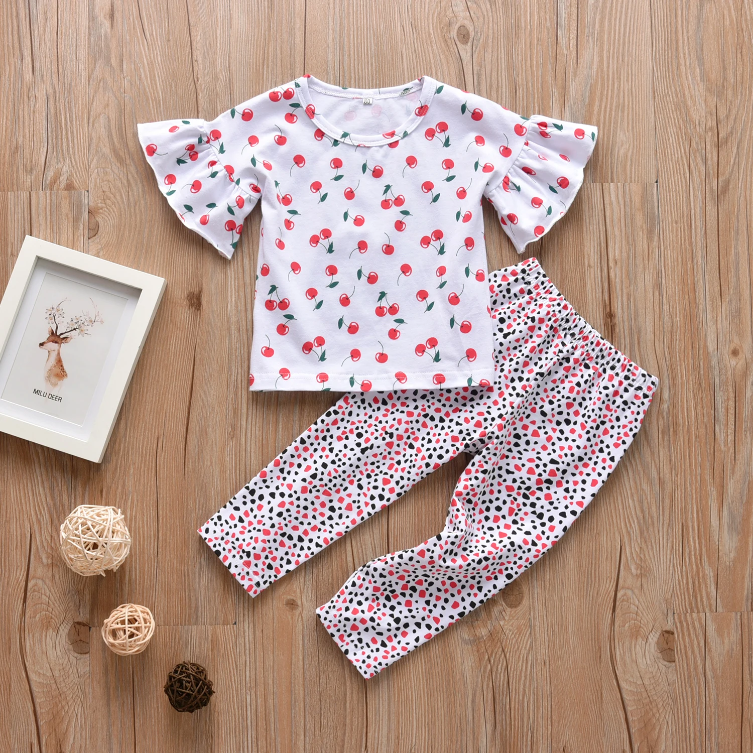 

2Pcs Kids Baby Girls Clothes Summer Outfits Set Toddler Cherry Print Ruffles Sleeve Tops Casual Pants Children Clothing Suit