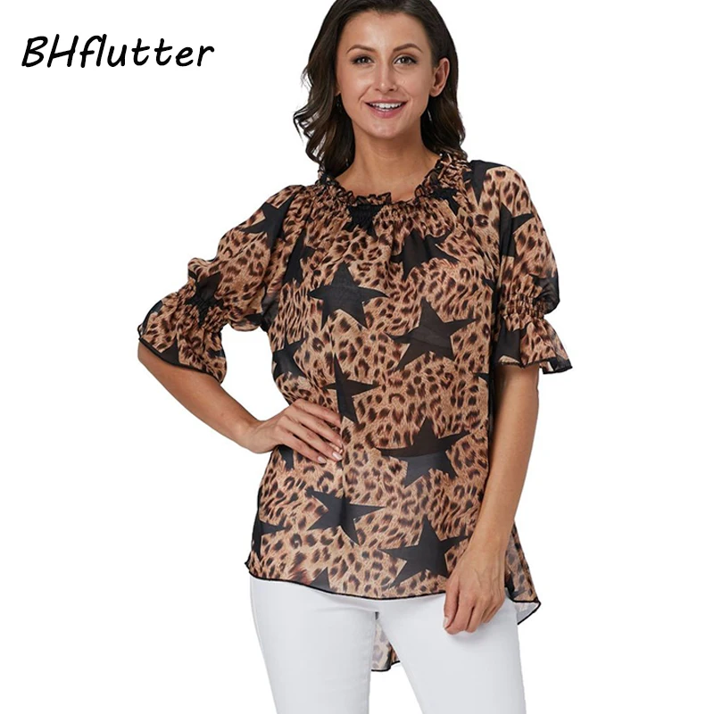 BHflutter Womens Tops and Blouses 2022 Fashion Stars Print Casual Loose Summer Tops Tunic Ladies Chiffon Blouses chemise femme