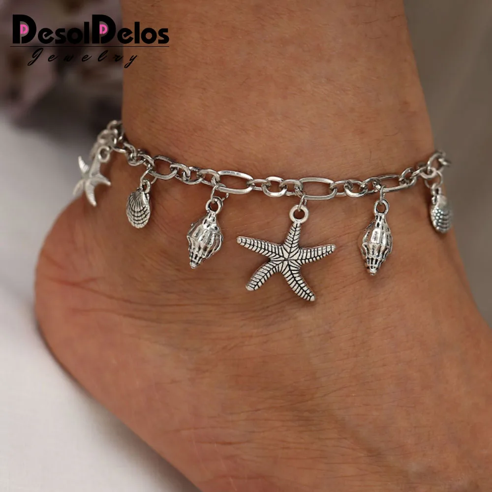 

Women Ankel Bracelets Starfish Shell Charm Stainless Steel Anklets 24 Cm Vintage Fashion Foot Chain Jewelry 2019