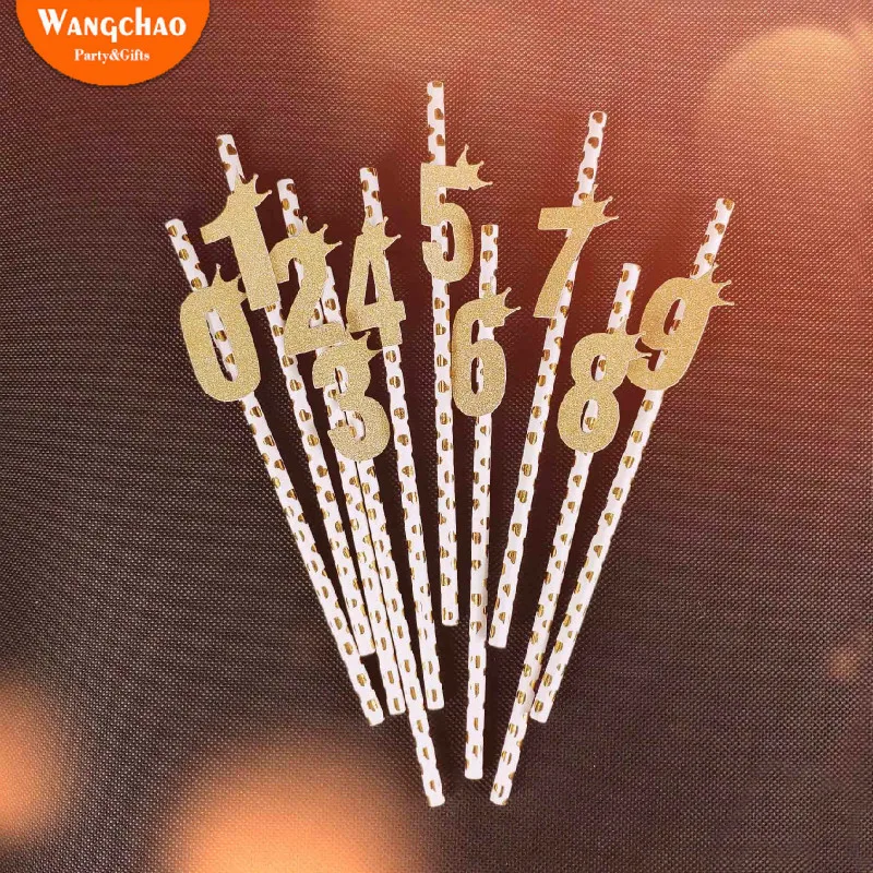 

10pcs/bag 0-9 Number Gold Crown Paper Straw Cake Topper Baby Shower Decoration Happy Birthday Cake Decoration Party Supplies