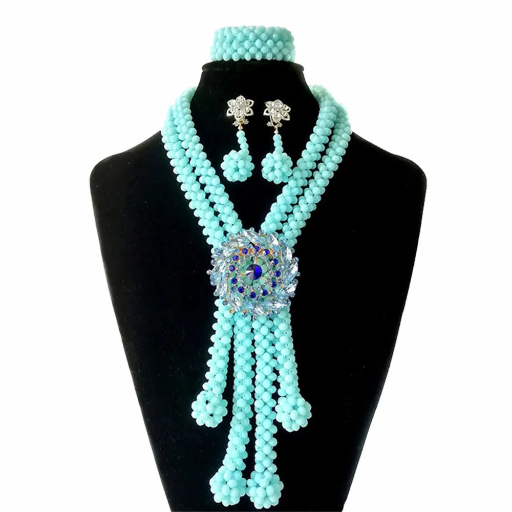 

2019 Light Blue Crystal African Women Party Necklace Nigerian Wedding Bridal Gift African Beads Jewelry Set