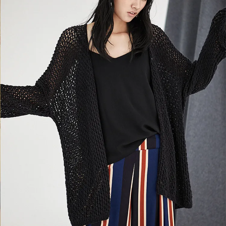  100%hand made pure cotton Vneck thin knit women loose H-straight hollow out cardigan sweater one&ov