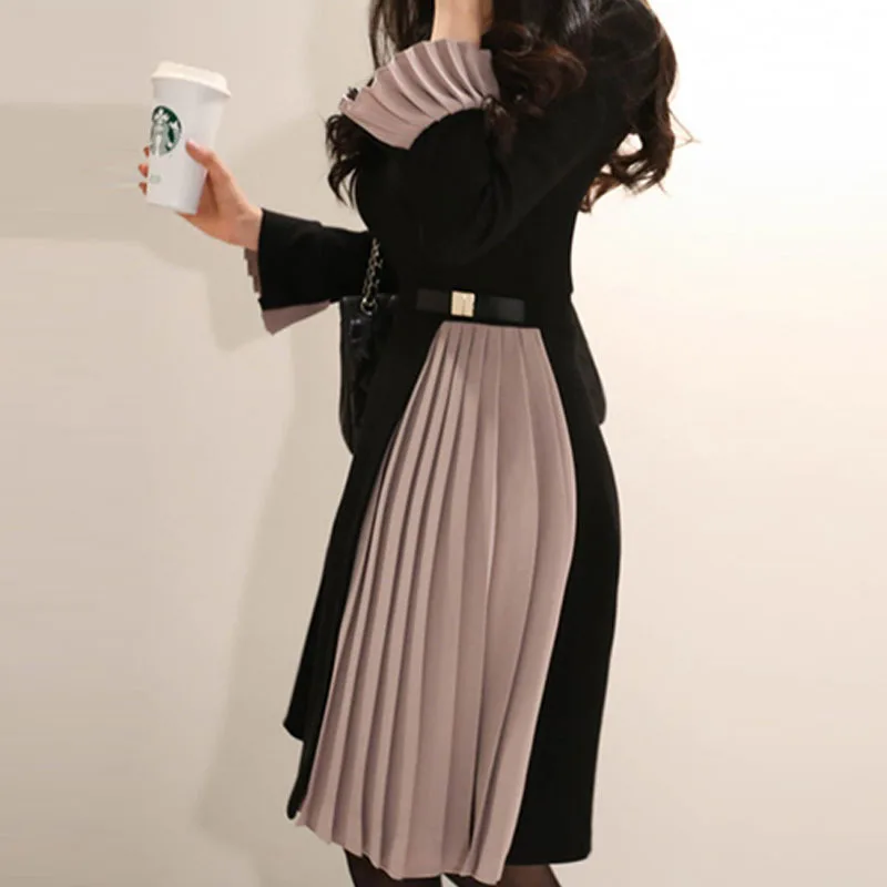 Корейское весеннее элегантное популярное цветное лоскутное Плиссированное женское платье, одежда для работы OL бизнес с круглым вырезом и расклешенными рукавами на каждый день Vestidos - Цвет: picture color